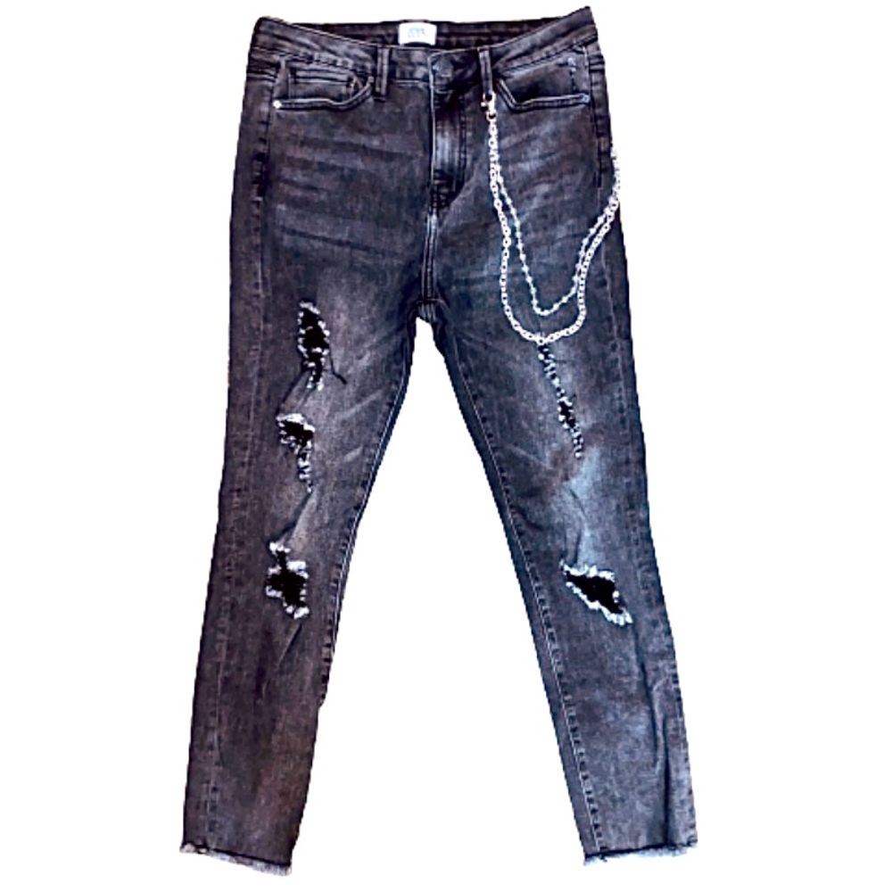 Simple Society Women 9/29 Black Distressed High Rise Jeans w Crystal Side Chain